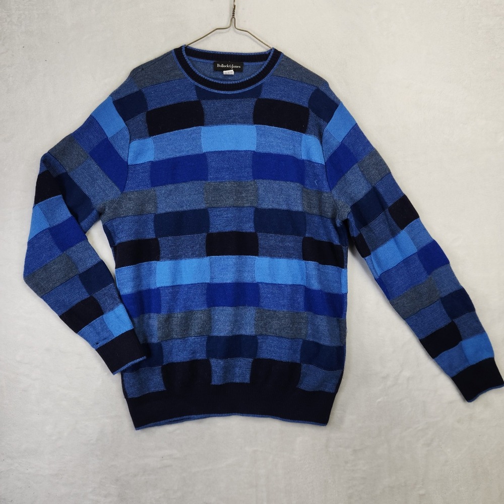 Bullock & Jones Mens Blue Patchwork Block Knit Crewneck Sweater‎ Large